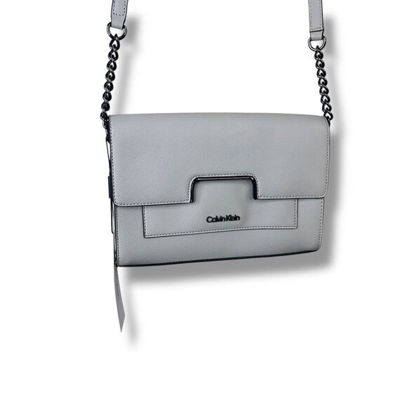 Calvin Klein NWT Dove Grey Finley Saffiano Flap Sleek Classy Crossbody Bag - Picture 3 of 12